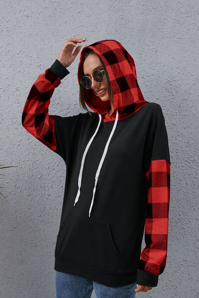 Plaid Drawstring Dropped Shoulder Hoodie