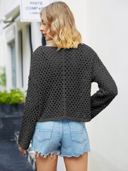 Round Neck Openwork Dropped Shoulder Knit Top