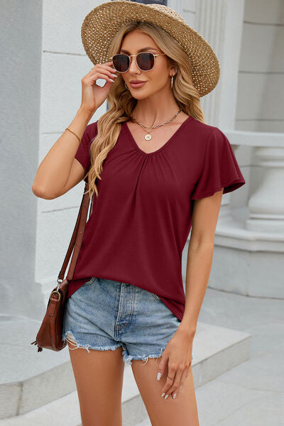 V-Neck Flutter Sleeve T-Shirt