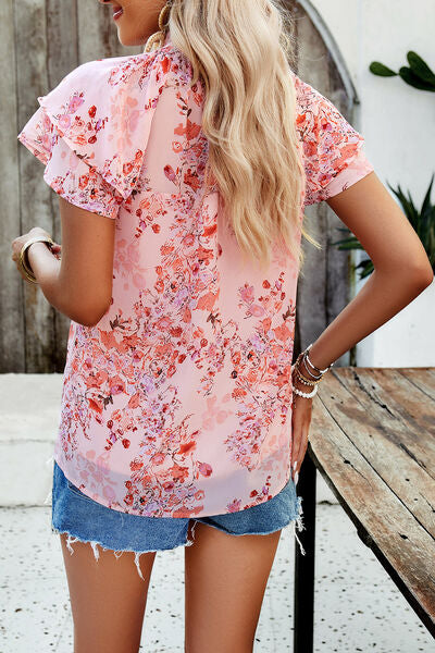 Printed Ruffled Mock Neck Blouse