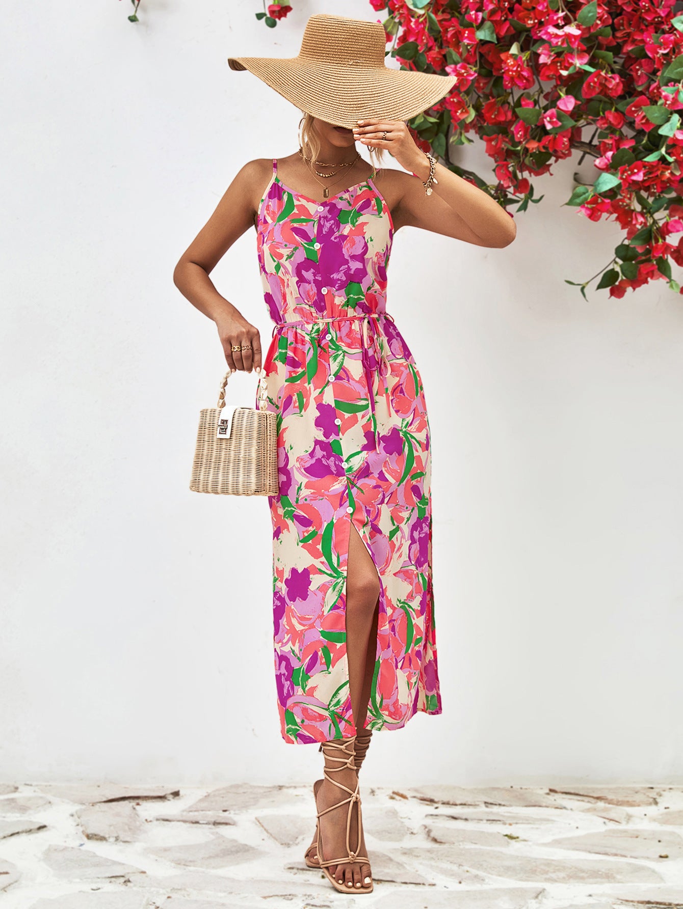 Printed Spaghetti Strap Front Slit Dress