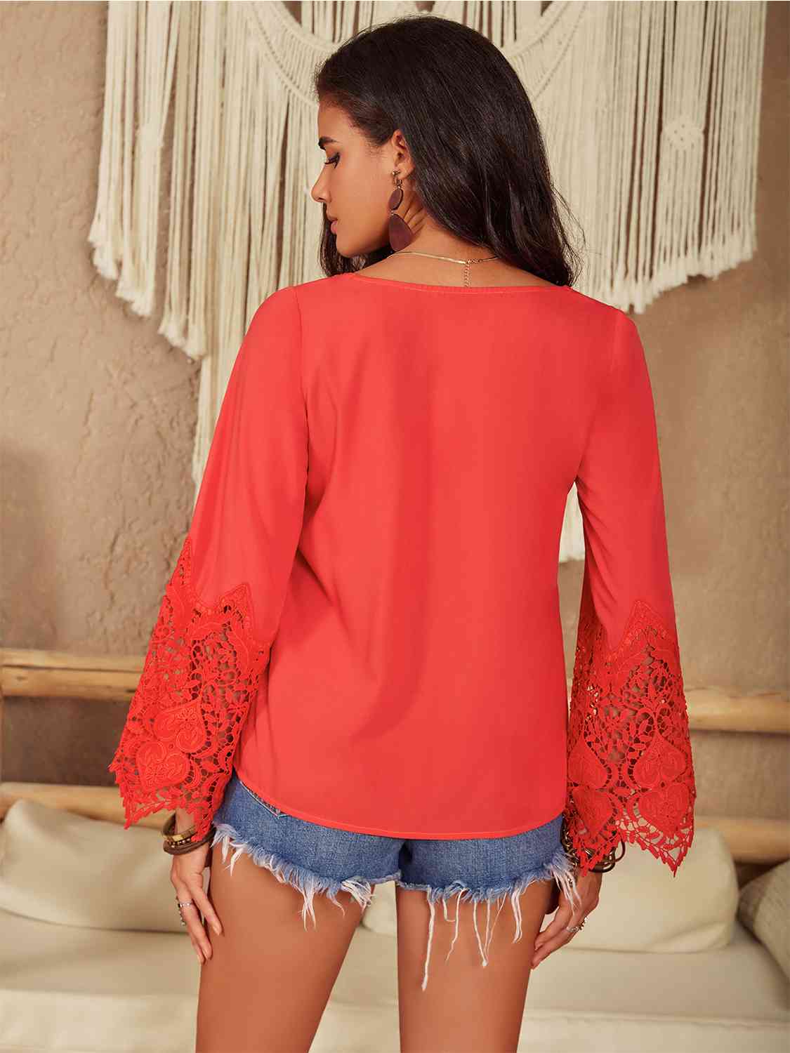 Square Neck Lace Detail Long Sleeve Blouse