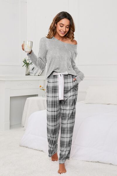 Round Neck Long Sleeve Top and Bow Plaid Pants Lounge Set