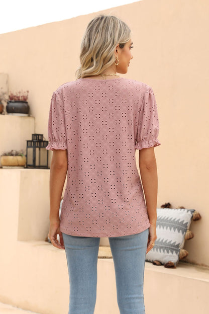 Openwork Round Neck Flounce Sleeve T-Shirt