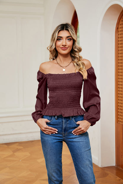 Smocked Off-Shoulder Ruffle Hem Blouse