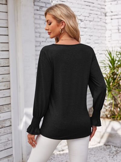 Smocked V-Neck Long Sleeve Blouse