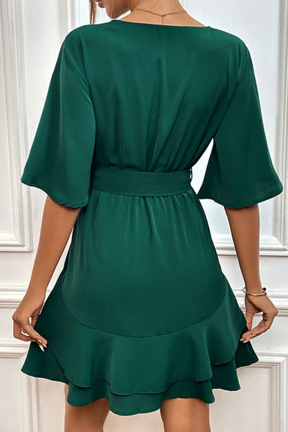 Tie Belt Surplice Neck Ruffled Dress