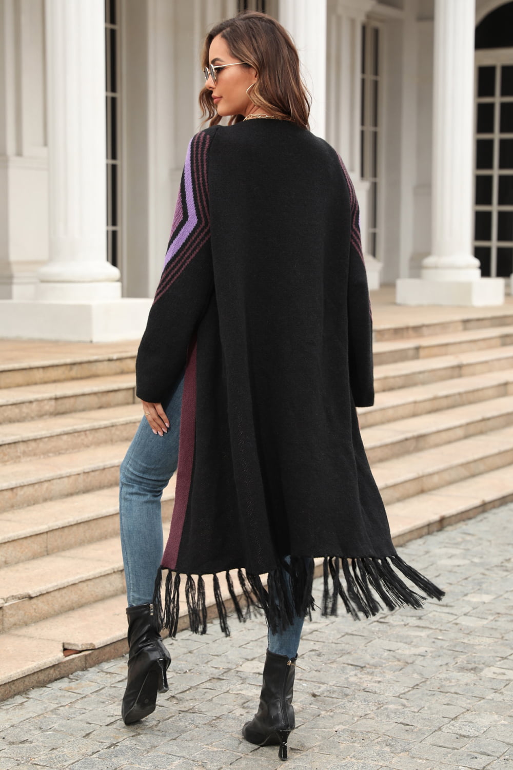 Geometric Fringe Hem Open Front Duster Cardigan