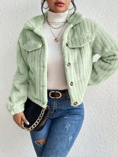 Fuzzy Button Up Collared Neck Jacket