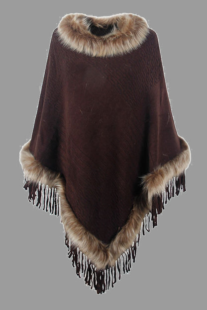 Faux Fur Trim Fringed Poncho