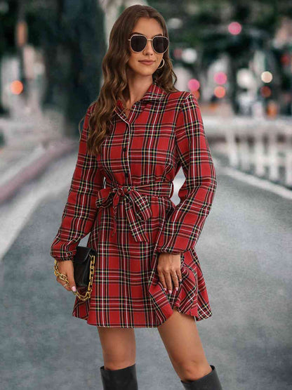 Plaid Tie Front Collared Neck Long Sleeve Dress