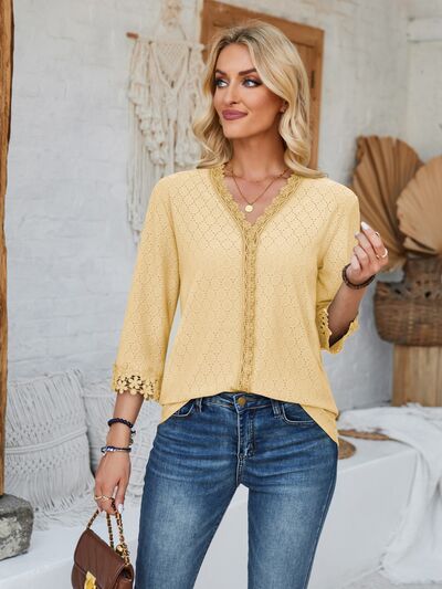 Lace Detail V-Neck Three-Quarter Sleeve Blouse