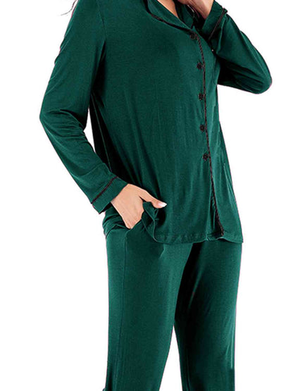 Collared Neck Long Sleeve Loungewear Set with Pockets