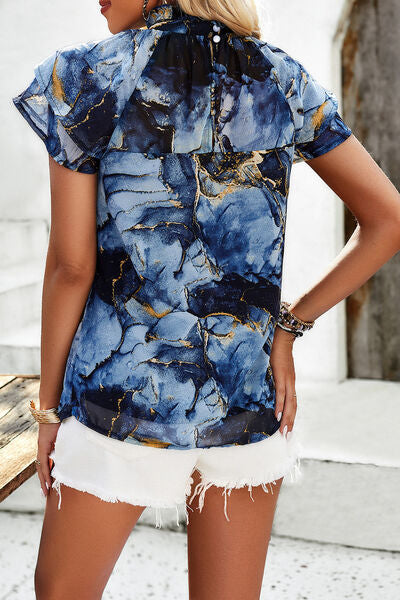 Printed Ruffled Mock Neck Blouse