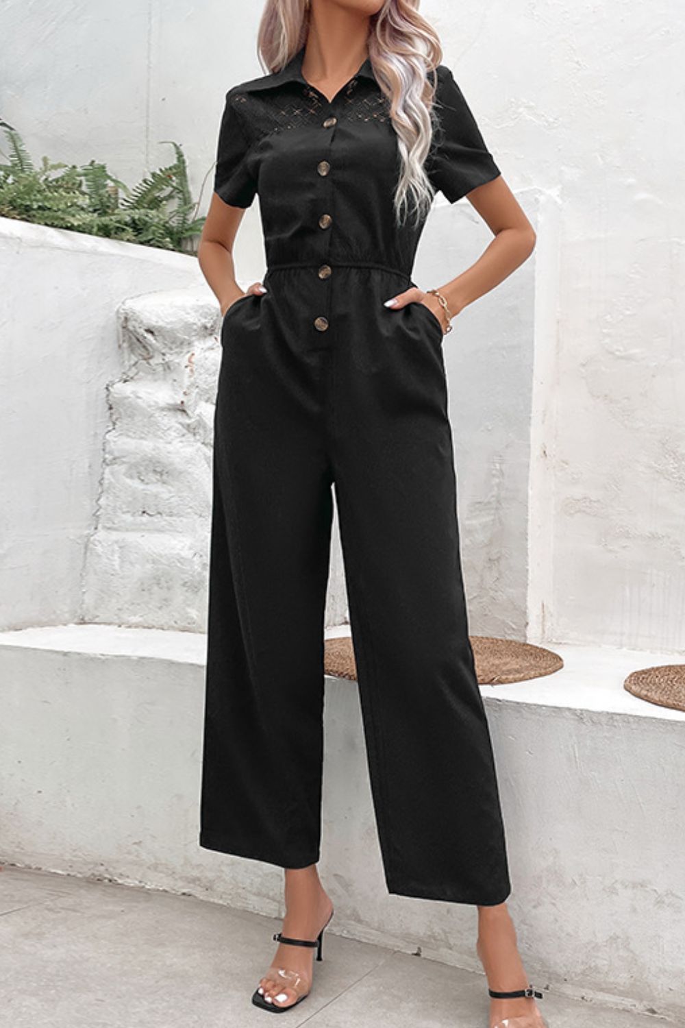 Collared Neck Short Sleeve Jumpsuit