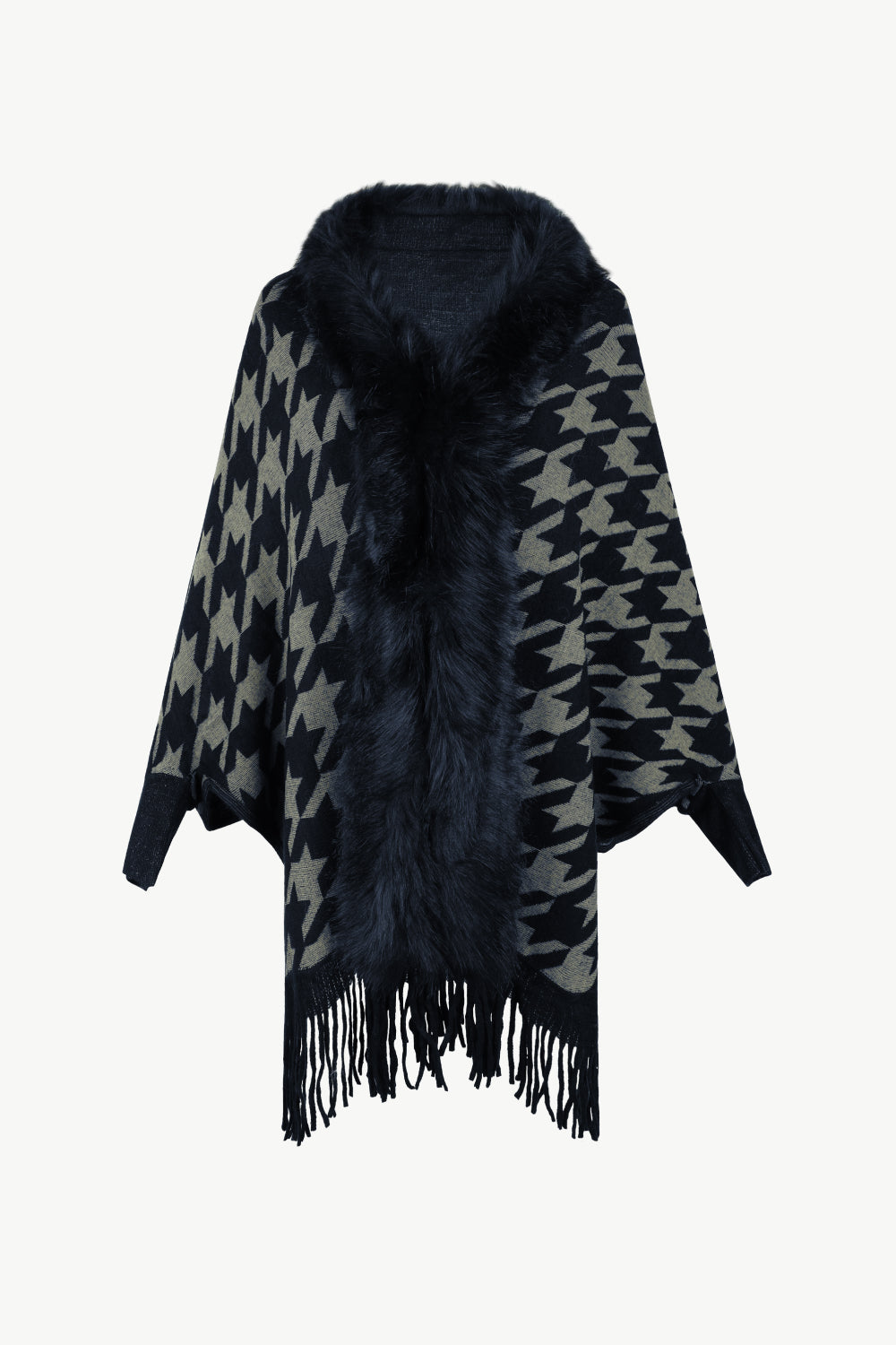 Houndstooth Fringe Hem Poncho