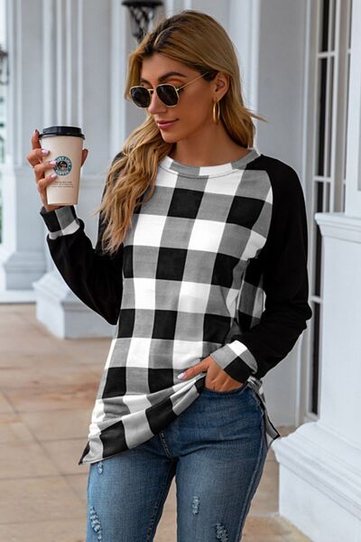 Plaid Round Neck Long Sleeve T-Shirt