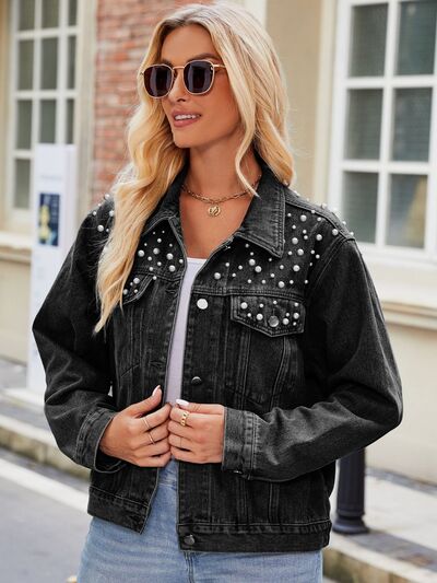 Pearl Detail Collared Neck Long Sleeve Denim Jacket