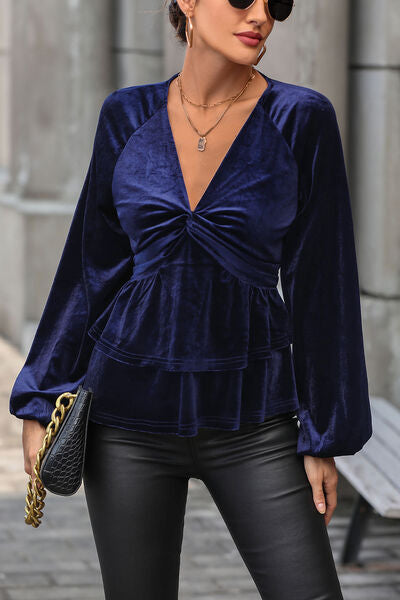 Twisted Layered Plunge Raglan Sleeve Blouse