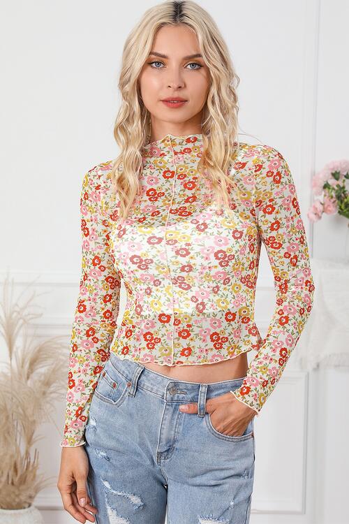 Floral Mock Neck Long Sleeve Blouse