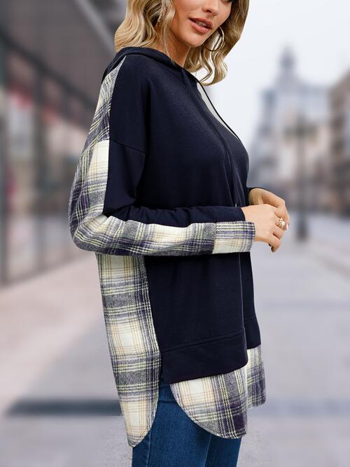 Plaid Drawstring Long Sleeve Slit Hoodie