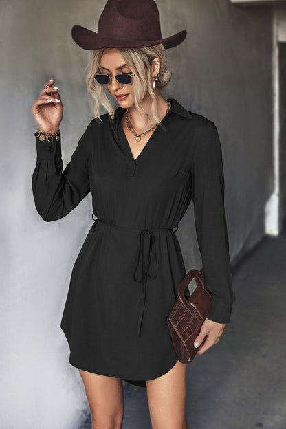 Belted Johnny Collar High-Low Shirt Dress