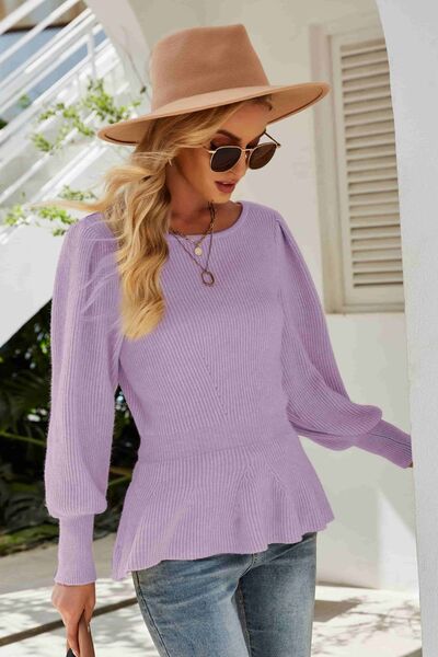 （No）Ribbed Round Neck Lantern Sleeve Sweater