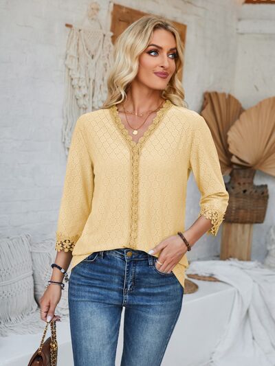 Lace Detail V-Neck Three-Quarter Sleeve Blouse