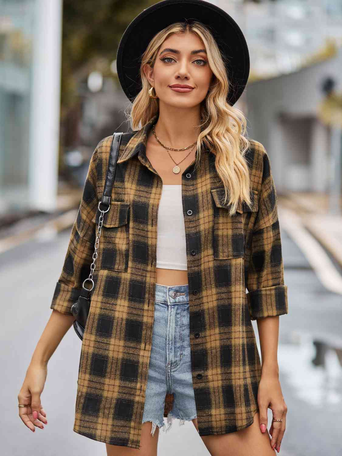 Plaid Collared Neck Button Down Jacket