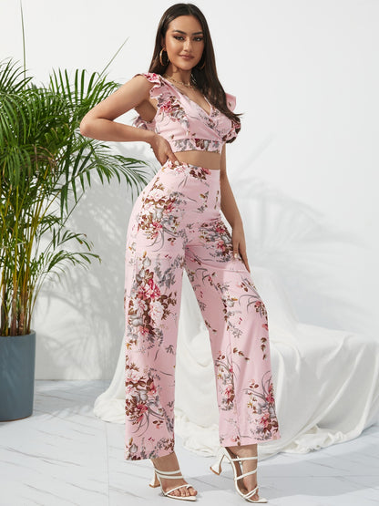 Printed Surplice Cap Sleeve Top and Pants Set