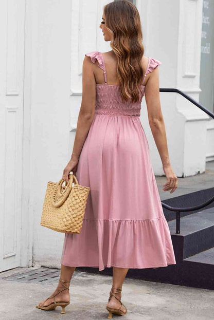 Smocked Square Neck Midi Dress