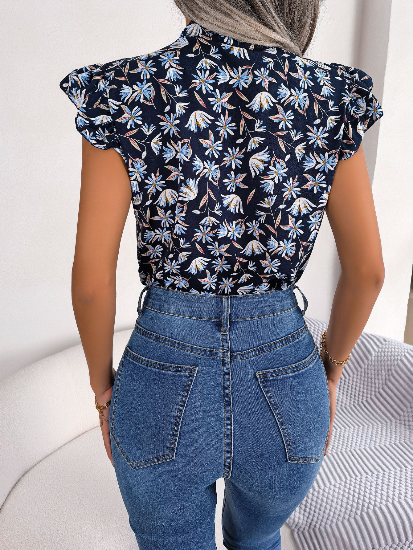 Floral Tie Neck Flutter Sleeve Blouse