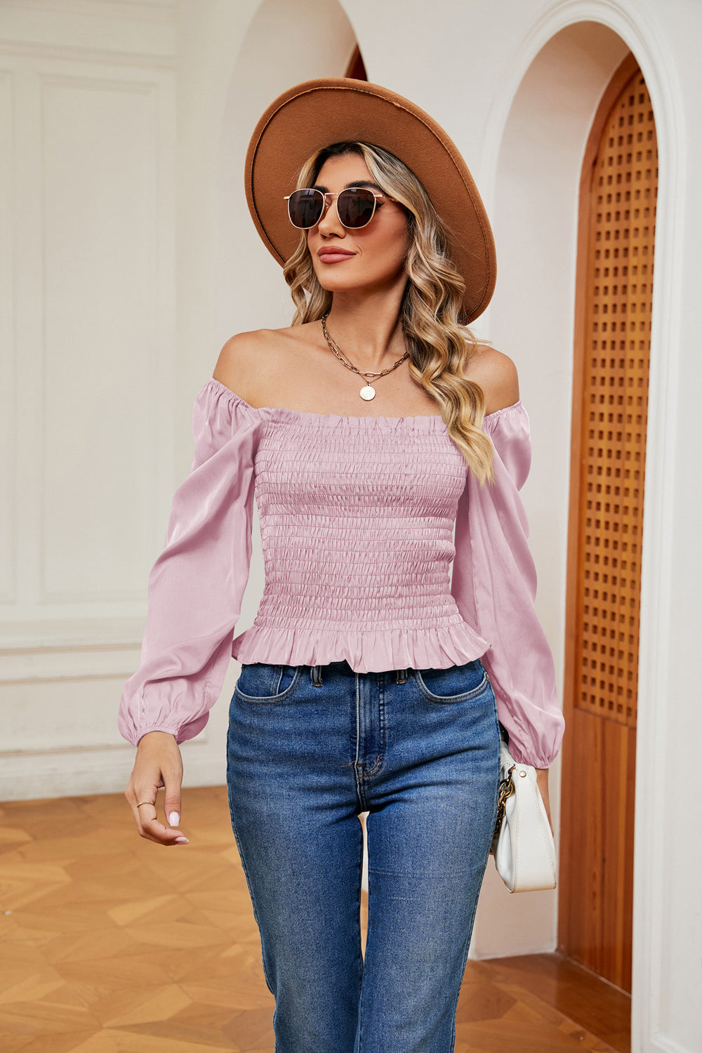 Smocked Off-Shoulder Ruffle Hem Blouse