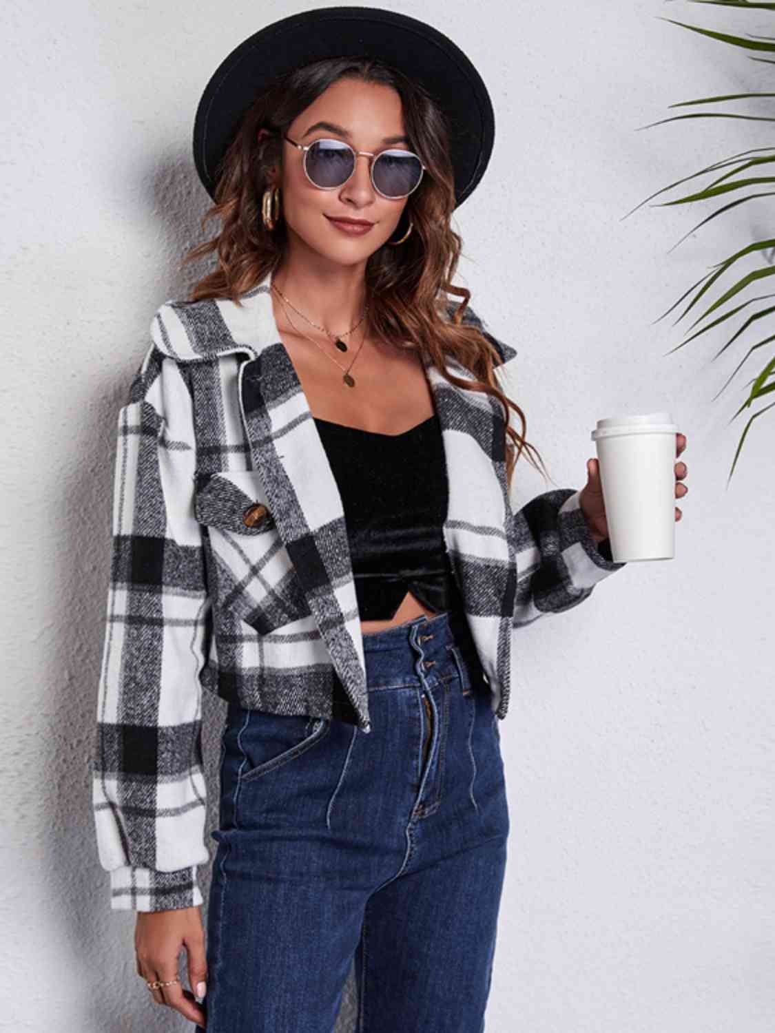 Plaid Button Front Jacket with Pockets