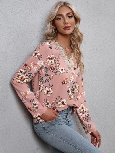 Printed V-Neck Long Sleeve Blouse