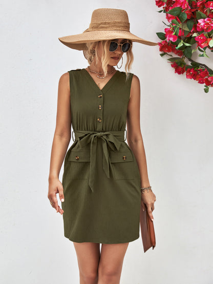 Buttoned V-Neck Belted Sleeveless Dress