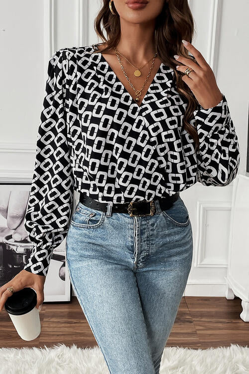 Geometric V-Neck Long Sleeve Blouse