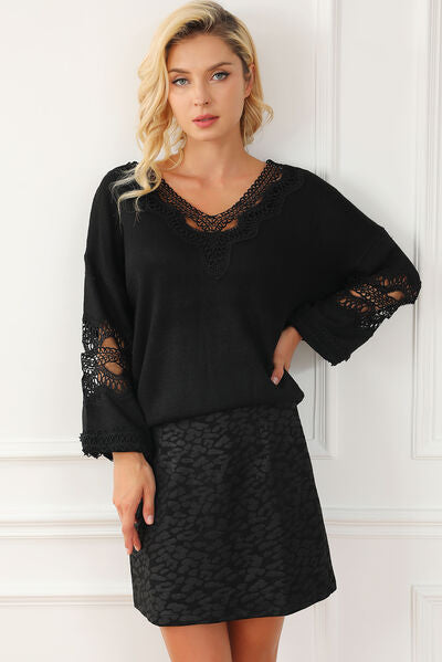 Openwork V-Neck Raglan Sleeve Sweater