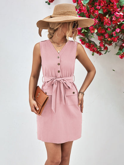 Buttoned V-Neck Belted Sleeveless Dress