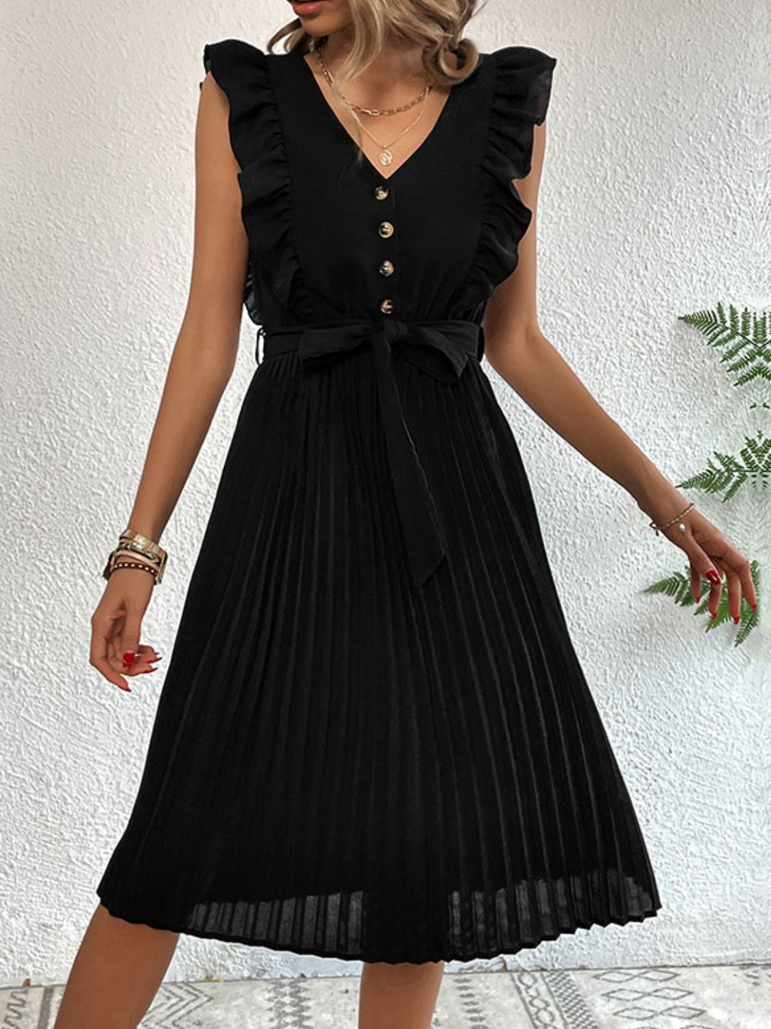 Buttoned Ruffle Trim Belted Pleated Dress