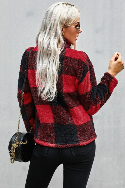 Half Zip Plaid Turtleneck Sweatshirt