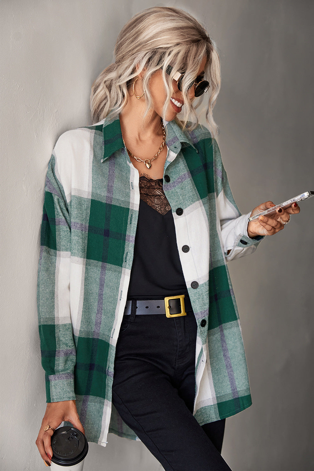 Plaid Collared Neck Longline Shirt