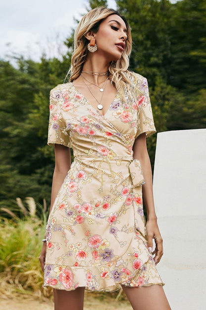 Floral Tied Ruffle Hem Surplice Dress