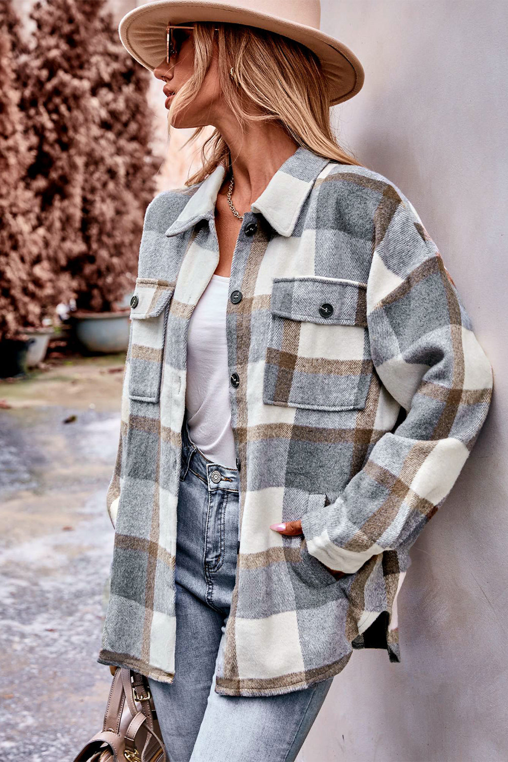 Plaid Long Sleeve Shirt Jacket with Pockets