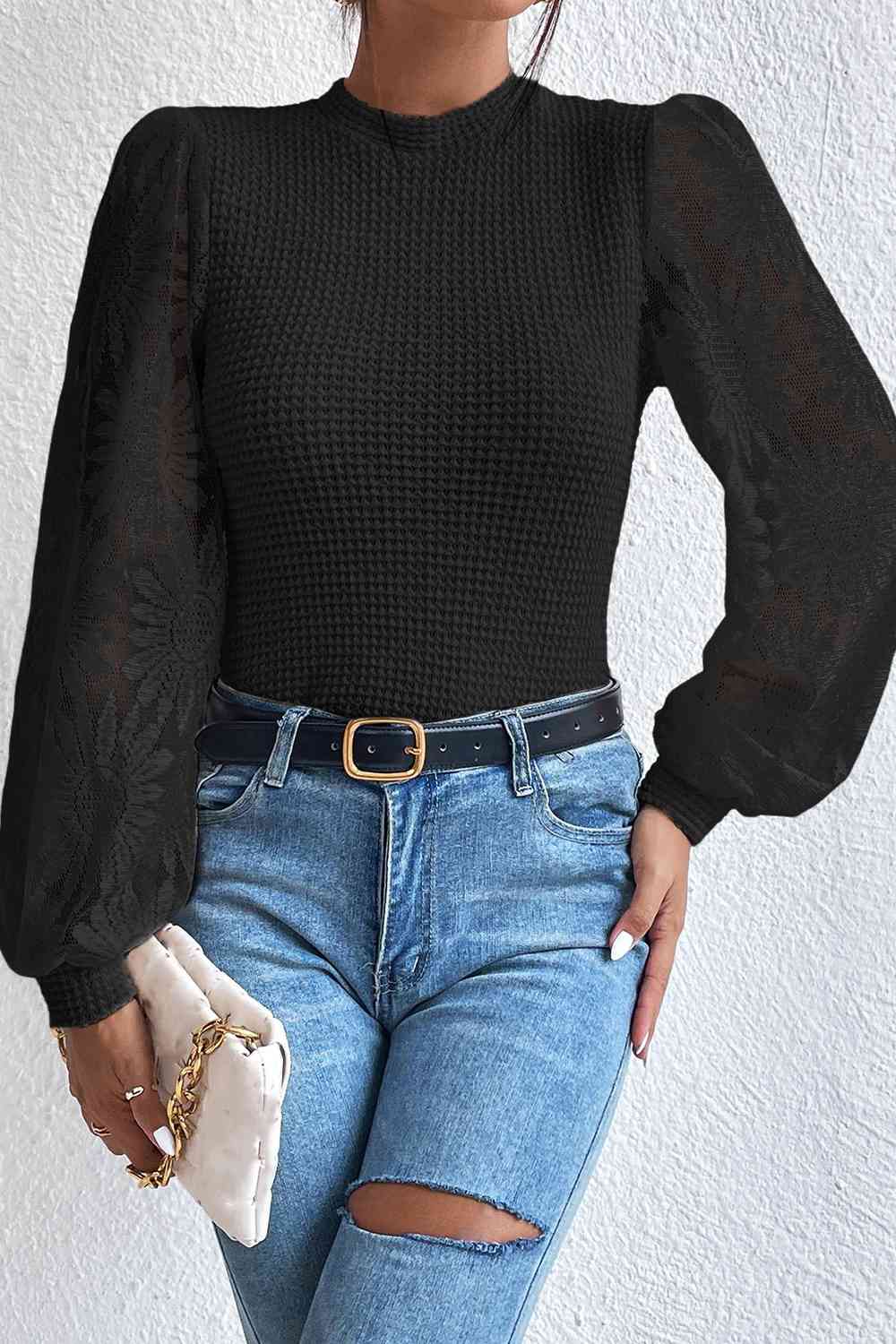 Floral Lace Detail Lantern Sleeve Blouse