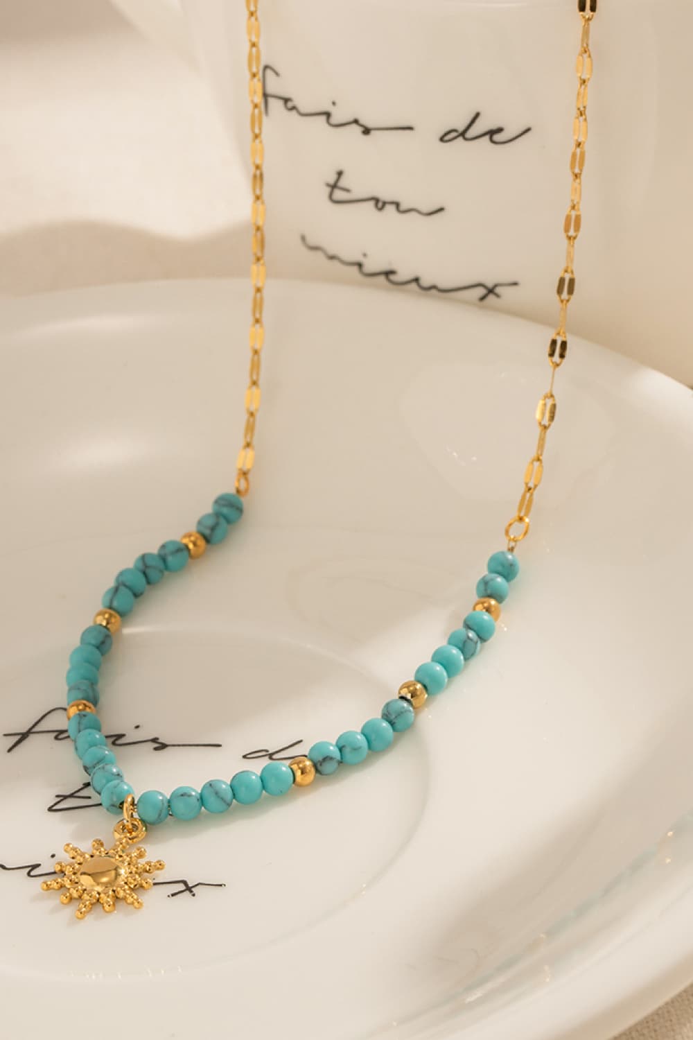 Turquoise Beaded 18K Gold-Pleated Sun Shape Pendant Necklace