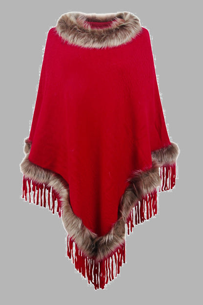 Faux Fur Trim Fringed Poncho