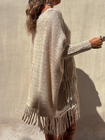 Fringe Detail Long Sleeve Sweater with Pockets