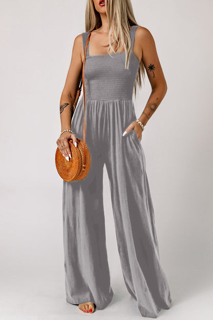 Smocked Square Neck Wide Leg Jumpsuit with Pockets