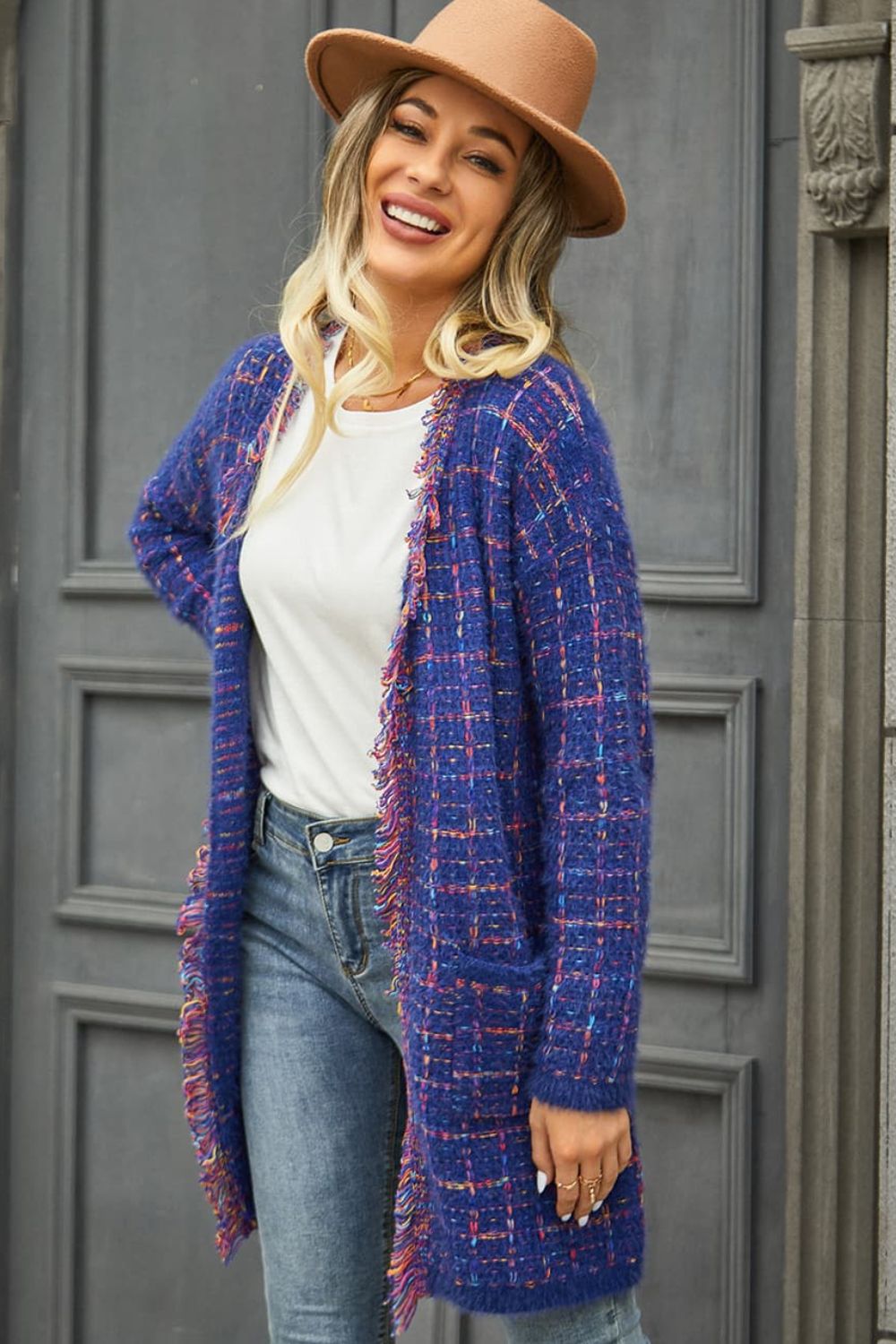 Plaid Fringe Trim Open Front Longline Cardigan